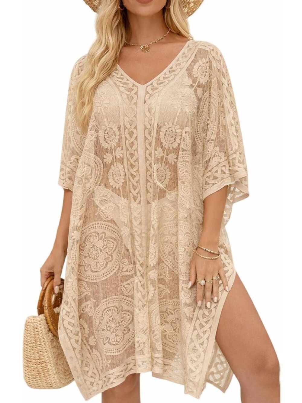 Women's Beige Boho Crochet Swimsuit Cover Up V Neck Loose Fit Beach Kaftan Dress